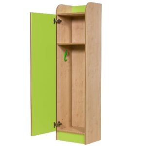 Kubbyclass Locker with one door shown in lime green. Has one shelf and two hooks